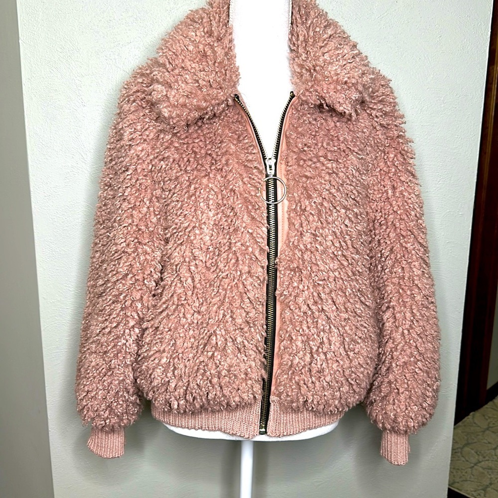 ZARA Pink Fuzzy Bomber Teddy Jacket. Size S - Picture 1 of 6